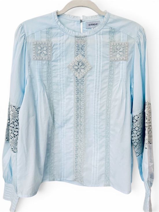 Evereve Tops - Evereve Romantic Cotton Shirt Crochet Lace Trim Pale Blue Poetcore Small